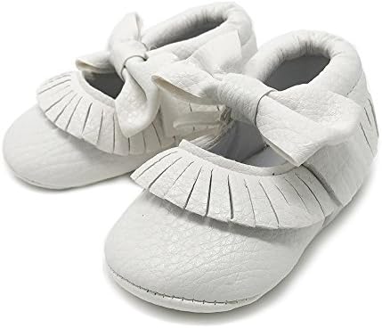 FRILLS Infant Toddlers Baby Boys and Girls Soft Soled Fringe Crib Shoes PU Moccasins - White (for ages 0-6 months/11 cm length)