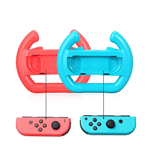 Switch Wheel, Proslife Dobe Joy Con Steering Wheel Grips for Switch Controller(2 Pack, Neon Red/Blue) - Thumbnail 2