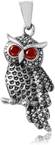 23MM .925 Sterling Silver Spiritual Owl, Bird Symbol Pendant with Red &amp; Clear CZ &amp; 18in Chain