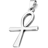 Flongo Men's Womens Tribal Stainless Steel Silver Egyptian Ankh Cross Pendant Collectible Egypt Necklace, 22 inch Chain