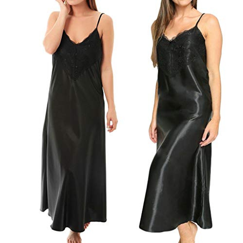 Womens Sleepwear Silk Pajamas Lace Patchwork Nightgown Full Slips Sexy Sling Sleep Dress Black