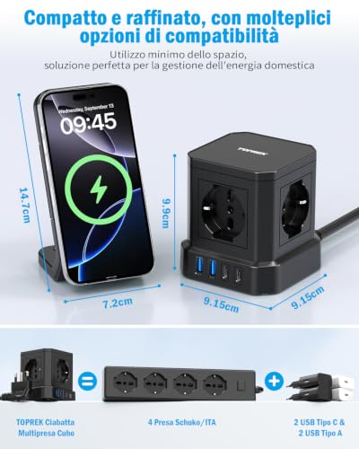 TOPREK Power Strip Cube with 4 Universal Sockets ITA 10/16A and Schuko and 2 USB C (20W PD3.0 Quick Charge) and 2 USB A, Multiple Socket with Switch, 1.5 Metres 90° Elbow Plug Cable, 3680W/16A