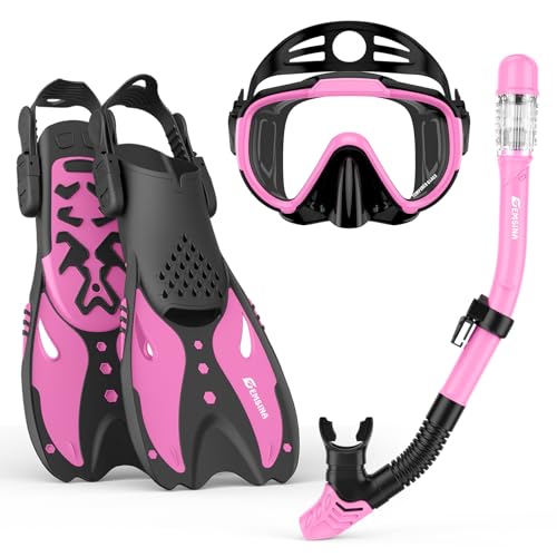 EMSINA Mask Fin Snorkel Set with Adult Snorkeling Gear, Panoramic View Diving Mask, Trek Fin, Dry Top Snorkel +Travel Bags, Snorkel for Lap Swimming
