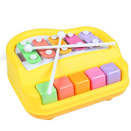 Mini 2 In 1 Piano Xylophone for Toddlers Multicolored 5 Keys Percussion Glockenspiel Learning and Development Toy(Yellow)