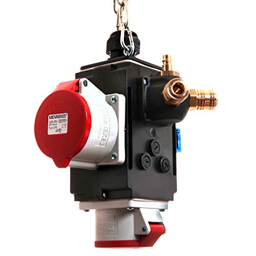 as - Schwabe Mixo Power Cube VI+, Hanging Distribution Board with 1 Earth Contact Socket, 2 CEE sockets 5 pin and Compressed air Distributor NW7.2, incl. Fuse, IP44, Made in Germany, Black, 60751