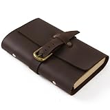 Small Classic Leather Journal Notebook Refillable with Strap Buckle Loose Leaf Binder Handmade Lined Craft Paper A6 with Gift Box (Dark brown)