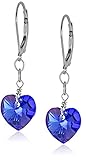 Sterling Silver Swarovski Elements Sapphire Color Aurora Borealis Heart Shape Drop Earrings
