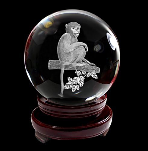 IFOLAINA 3D Subsurface Laser Engraving Chinese 12 Zodiac Signs Monkey Crystal Ball with Wooden Stand 80mm