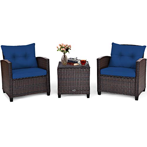Tangkula 3 Pieces Patio Furniture Set, PE Rattan Wicker 3 Pcs Outdoor Sofa Set w/Washable Cushion and Tempered Glass…