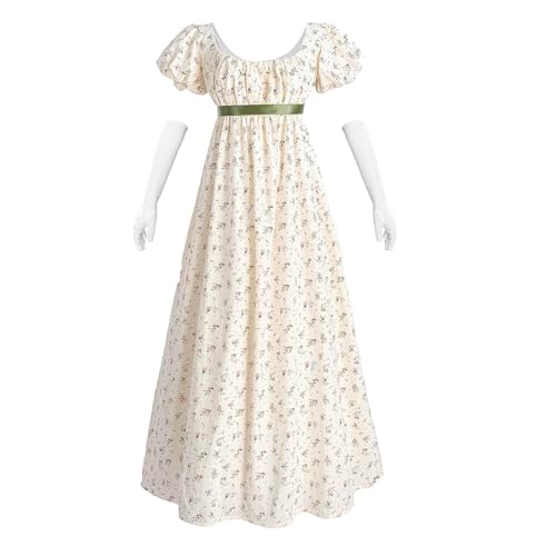 Fiamll Robe Regency Empire Pour Femme - Motif Floral - Longue de Fête - Costume Renaissance, Beige, XL