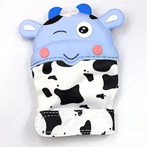 Icokarl Baby Teething Mittens Soothing Teether Mitt & Teething Pain Relief Toy, Prevent Scratches Glove Cute Cow Animal Toy for 0-9 Month (Blue)