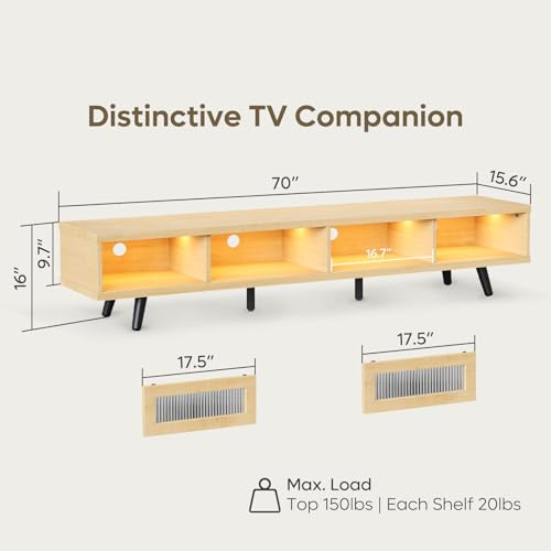 Bestier Mid Century Modern TV Stand for 75 inch TV, 70 inch TV Stand with Storage and Tempered Glass Sliding Doors, Low Profile TV Consoles, Stylish, LED Light, Modern, White Maple