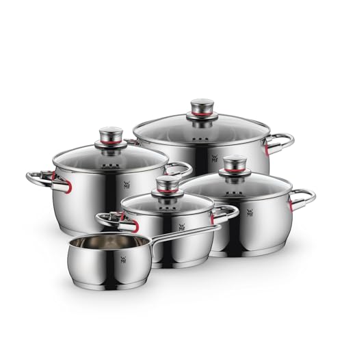 WMF Quality One Topfset Induktion 5-teilig, Kochtopf Set mit Glasdeckel, Cromargan Edelstahl poliert, Induktions Töpfe Set unbeschichtet, Dampföffnung