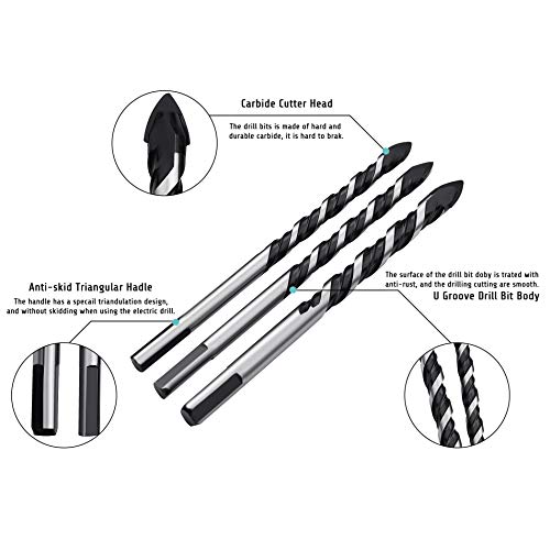 Masonry Drill Bits Set With High Bend Resistance Solid Carbide Tip Type Ideal for Drilling Building Materials (Tile, Brick, Cement, Concrete, Glass, Plastic, Cinder Block, Wood) Hardened Steel Body - Thumbnail 2