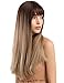 TopWigy Women Brunette Wig Long Straight Synthetic Blonde Wigs with Bangs Ombre Brown to Blonde Natural Look Realistic Dark Roots Wig 24 Inches for Halloween Party Daily Use