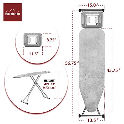 BAUMONDO Ironing Board, Adjustable Height, 4-Leg, 43.3''x13'' Board with Ironing Rest