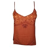 Mogul Interior Womens Gypsy Orange Tank Top Embroidered Spaghetti Strap Pleated top M