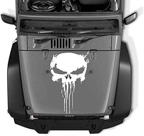 Reversed Jeep Wrangler JK TJ YJ Decal Tattered Distressed Punisher Skull USA Made + Free Decal (White Matte)