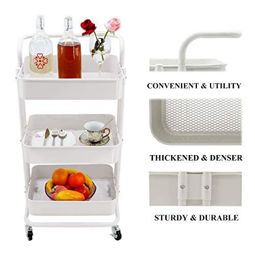 3-Tier Metal Storage Rolling Cart with Utility Mesh Basket Handle and Wheels, Multifunction Heavy Duty Large Shelves, Mobile Organizer Service Trolley for Office, Kitchen, Bedroom, Bathroom (White) - Thumbnail 3