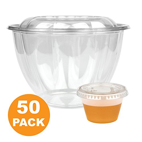48 OZ Clear Plastic Bowl With Dome Lids 4 OZ Dressing Sauce Cup Combo for Salads Fruits Parfaits