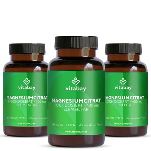 Vitabay Magnesiumcitrat hochdosiert – 540 vegane Tabletten – 400 mg elementares Magnesium pro Tagesdosis – für Muskeln, Nervensystem & weniger Müdigke