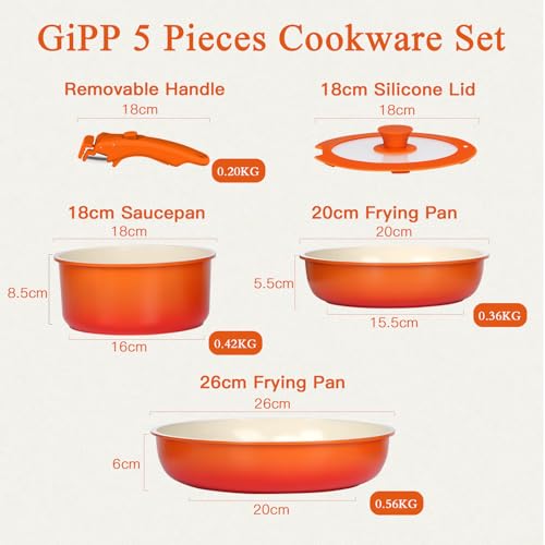 GiPP 5pcs Pots and Pans Set Non Stick, Nonstick Cookware Set Detachable Handle,Ceramic Coating Pots for Cooking Non Stick with Removable Handle, RV Cookware Set, Orange Gradient