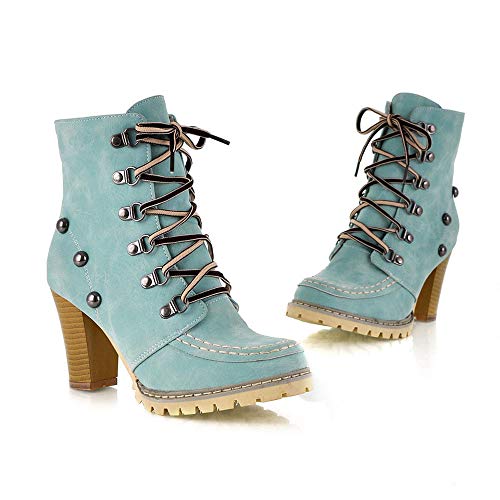 Teresamoon Women‘s Leisure Rivets Shoes Non-Slip Lace-Up High Heel Short Tube Boots (Blue/40) - Thumbnail 2