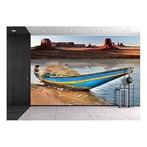 Indian Country Boat Tied at Navajo River Bank in Monument Valley - Removable Wall Mural | Self-Adhesive Large Wallpaper - 66x96 inches