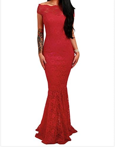 Women's Dress Elegant Lace Sexy Short-Sleeved Fishtail Skirt Dress (S, Red)