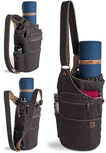 WRASCO Yoga Mat Bag Canvas Casual Yoga Backpack Convertible Yoga Mat Tote Sling Carrier – Fits Most Mat Sizes – Yoga Bags and Carriers for Women & Men – Gift 2 Elastic Straps (Grey)