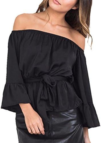 Blouses, Women Sexy Off Shoulder Tops Pleated Bow Flare T-Shirt (L, Black)