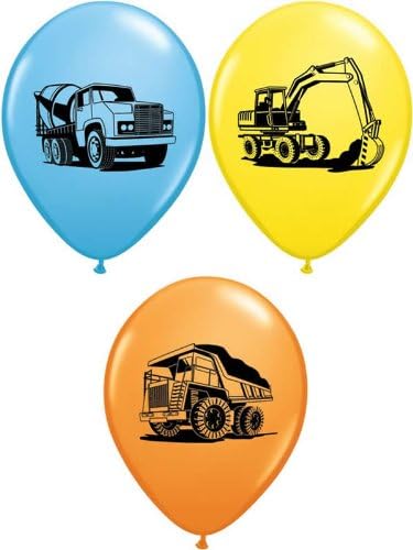10 x Assorted, Boys Construction Truck, Party/Birthday Balloons - 11" (Orange/Blue/Yellow)