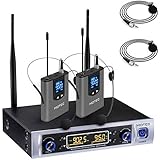 Hotec UHF 64 Channel Wireless Microphone System with LCD Display and Dual Headset Microphone Over PA, Mixer, Speaker, Karaoke Machine For Church, Training, Classroom, Interview, Business Presentations