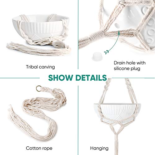 Greenaholics Hanging Plant Pots - 9.7 + 8.7 Inch Tribal Grain Ceramic Planters with Slings for Ivy Air Planting, White, Set of 2 - Thumbnail 2
