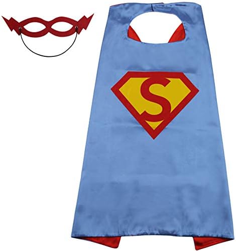 Initial Name Kids Superhero Cape with Mask,Blue & Red Capes,23 Letter Choice