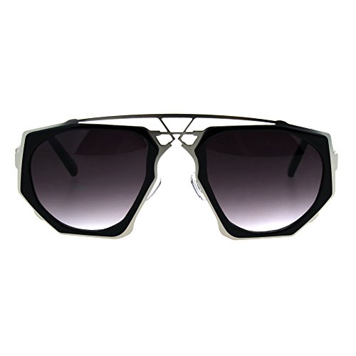 Art Deco Nouveau Funky Futuristic Racer Double Rim Sunglasses Black Silver Smoke