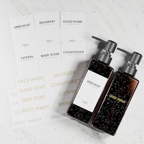 4 x Wall Mounted Shower Soap Dispenser, Bathroom Soap Dispenser Without Drilling 500 ml Brown Shower Dispenser Shampoo and Body Wash with Funnel and Three-Dimensional Labels for Bathroom, Kitchen