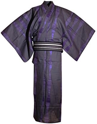 myKimono Men's Traditional Japanese Kimono Robe Yukata with Kaku OBI Belt