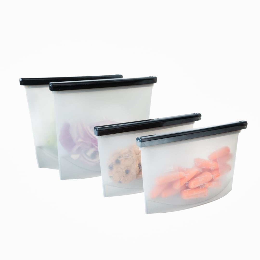 Photo 1 of Silicone Storage Bags - 4 Pack Thick Reusable Bags for Food Storage (Gray) - 2 Medium & 2 Small Snack Bags - Silicone Bags for Food Storage by Knivi
