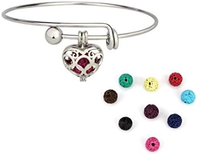 LEPENN Stainless Steel Expandable Bangle Essential Oil Diffuser Bracelet with Locket Pendant Lava Stone