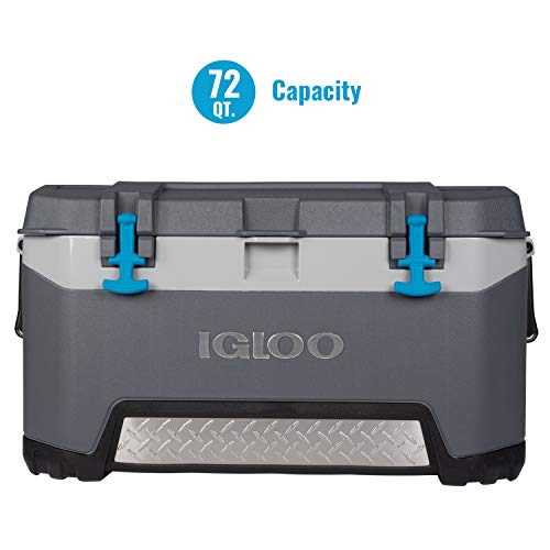 Igloo BMX 72 Quart Cooler with Cool Riser Technology, Fish Ruler, and Tie-Down Points – 18.70 Pounds – Carbonite Gray and Blue
