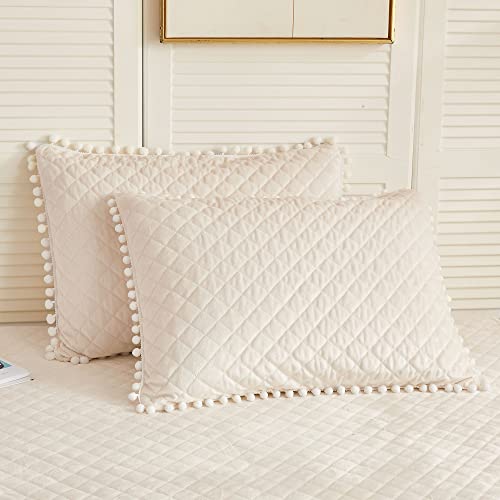 LIFEREVO 2 Pack Diamond Quilted Crystal Velvet Mink Pillowcases Pompoms