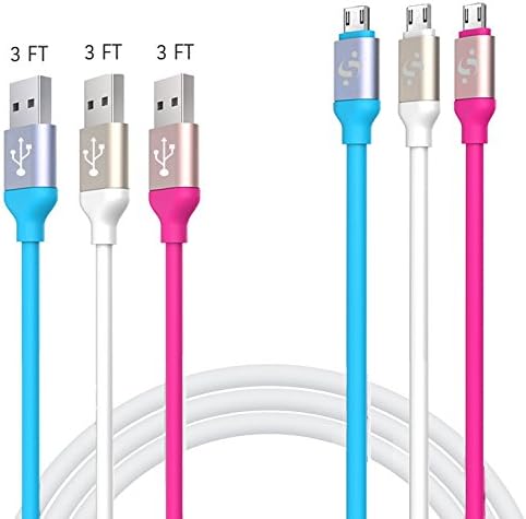 SyncTech Premium Rubber Tangle Free 3 Feet Micro USB Cable Durable High Speed Syncing Charging for Android, Samsung, Kindle, Windows, Controllers, Tablets, etc. (3.) Blue - White - Pink)