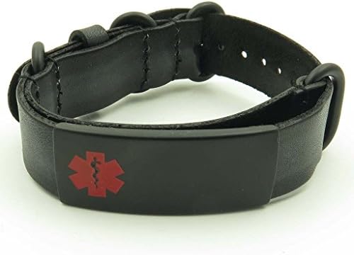 IDtagged Men's Black Leather Medical ID Bracelet Adjustable Length w/ Blank Matte Black Stainless Steel Tag
