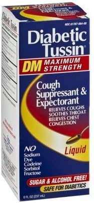 Diabetic Tussin DM Maximum Strength Cough Suppressant and Expectorant Liquid Cough Syrup Medicine, Safe for Diabetics, Cherry Flavored, 8 Fluid Ounce (4Pack)