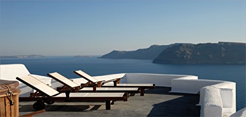 Travel Piggy Bank by Lunarable, Sunlounger at Terrace in Santorini Greece Resort Relaxation Aegean Print, Printed Ceramic Coin Bank Money Box for Cash Saving, Pale Blue White Brown - Thumbnail 3