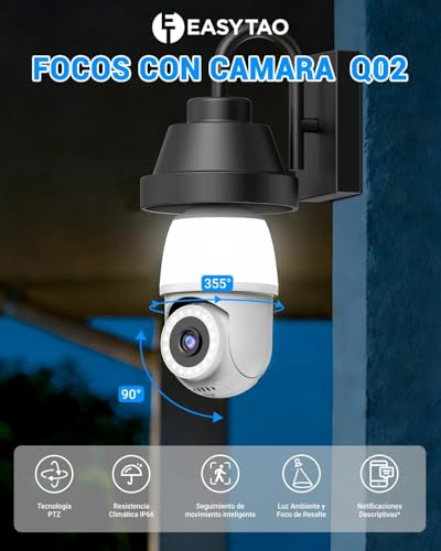 EASYTAO Camara Foco Camara de Seguridad Interior/Exterior 1080P, Camara WiFi IP66 Impermeable Base E26/ E27 con Seguimiento Automático, Visión Nocturna a Color, Audio Bidireccional, Funciona con Alexa