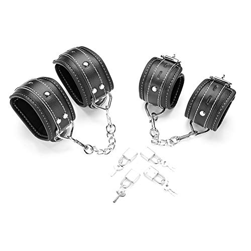 exreizst Soft Leather Cuffs Set Adjustable Straps Kit for Hand-Wrist-Ankle, Black (Black)