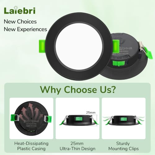 Laiebri Pack of 4 Recessed LED Spotlights Extra Flat 25 mm, 6 W, Dimmable 3 Intensities without Dimmer, 2700K 4000K 6000K, IP44 Portholes LED Ceiling, Cut Ø58-68 mm 230V, Black