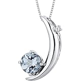 Crescent Moon Design 1.00 carats Round Checkerboard Cut Sterling Silver Rhodium Finish Aquamarine Pendant